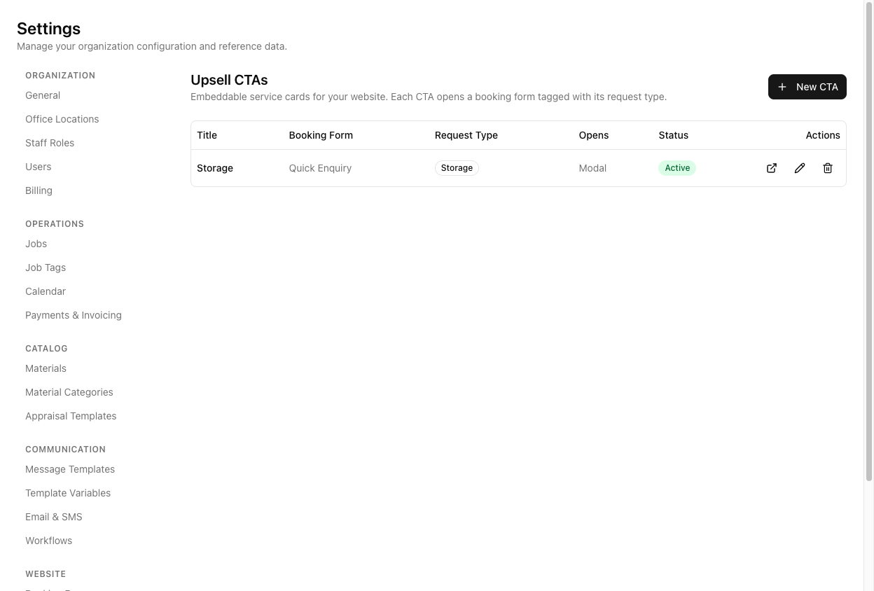 The Upsell CTAs settings page listing CTA cards with Title, Booking Form, Request Type, Opens, Status, and Actions columns, and a New CTA button.