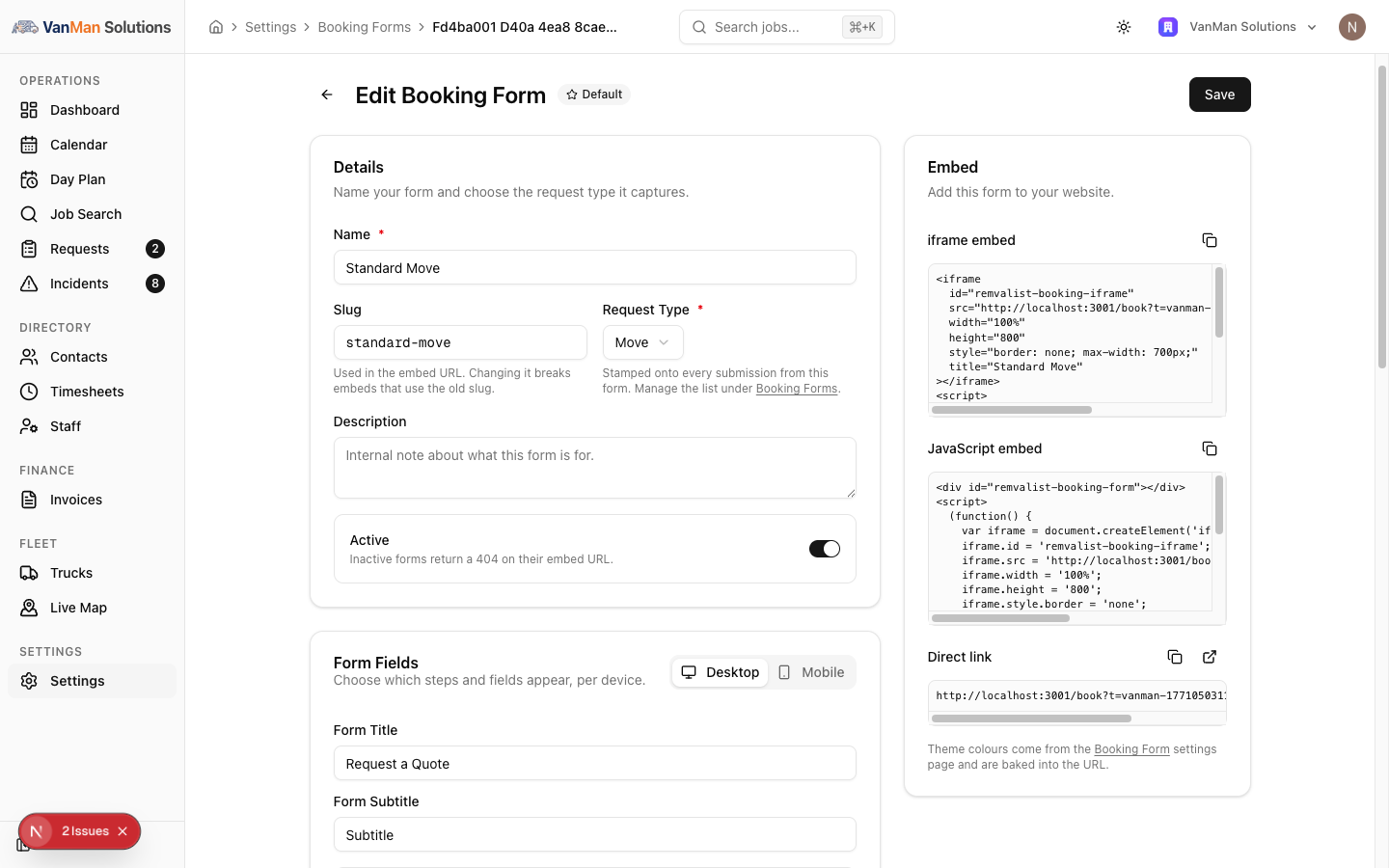 The Edit Booking Form page showing Name, Slug, Request Type, and Active in the Details panel, and the Embed panel with iframe embed, JavaScript embed, and Direct link.
