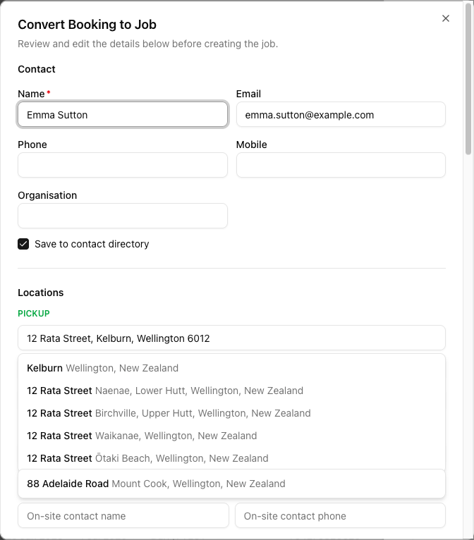 A booking request detail sheet showing status, customer info, schedule, locations, and action buttons Mark as contacted, Mark as quoted, Send Message, Convert to Job, and Decline.