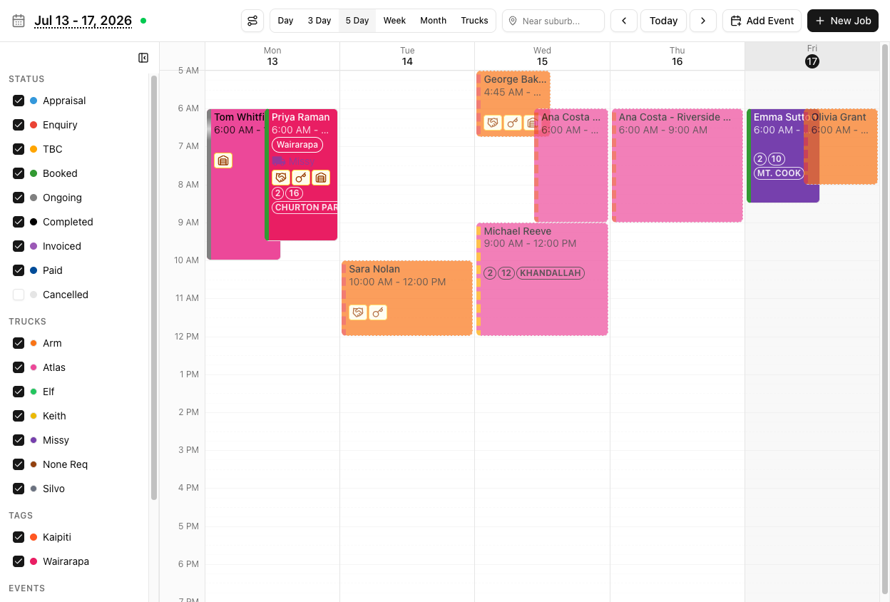 The calendar header showing the view buttons Day, 3 Day, 5 Day, Week, Month and Trucks, with 5 Day selected, alongside Today, Add Event and New Job.