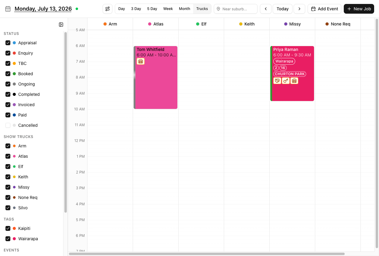 The calendar Trucks view showing one column per truck — Arm, Atlas, Elf, Keith, Missy, None Req — each headed by a coloured dot and the truck name, with jobs placed in their truck's column.