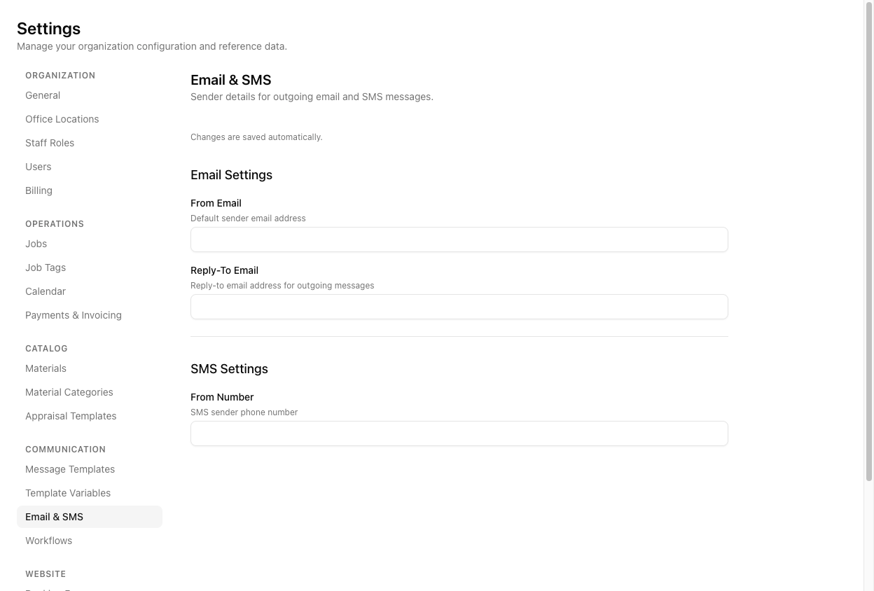 The Email and SMS settings page showing From Email, Reply-To Email, and an SMS From Number field.