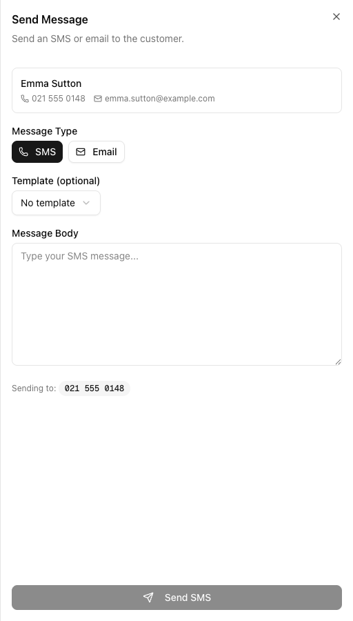 The Send Message panel in SMS mode showing the customer card, Message Type toggle set to SMS, a Template dropdown reading No template, an empty Message Body, and a Sending to line above a Send SMS button.
