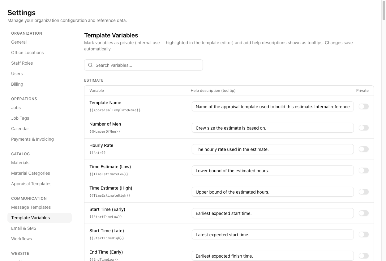 The Template Variables settings page listing variables grouped by Estimate, Estimate Materials, Business and Customer, each with a help description field and a Private toggle.