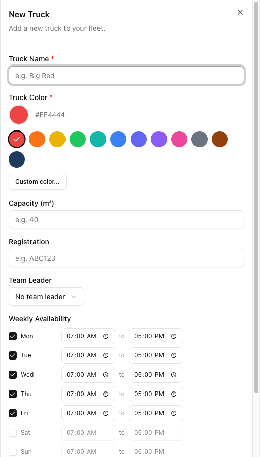 The New Truck dialog showing Truck Name, Truck Color with a preset palette, Capacity, Registration, Team Leader, and Weekly Availability with per-day time ranges.