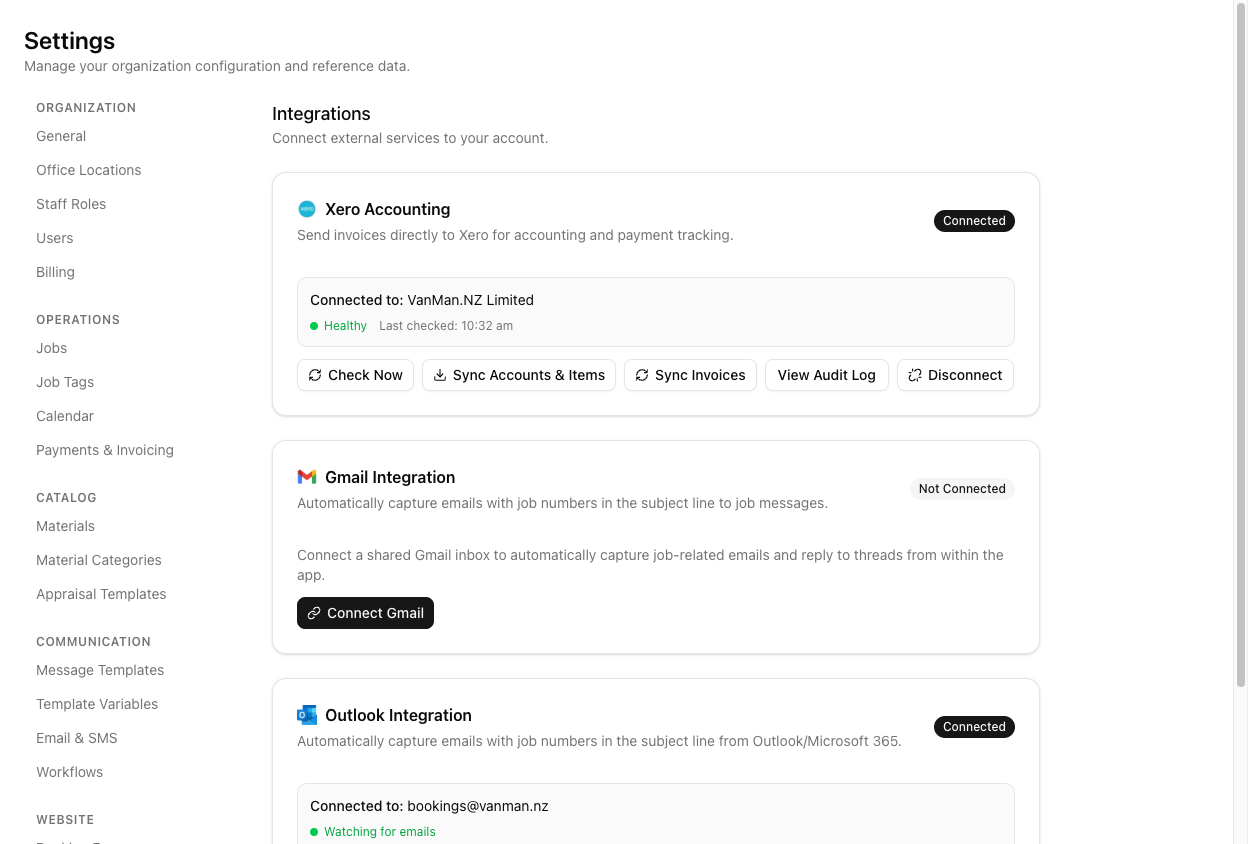 The Integrations settings page showing the Xero Accounting card marked Connected with a Healthy status and buttons for Check Now, Sync Accounts & Items, Sync Invoices, View Audit Log, and Disconnect.