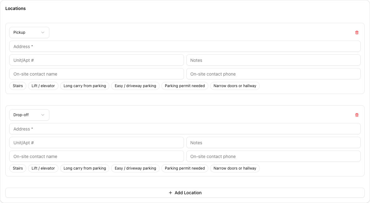 The Locations section showing Pickup and Drop-off cards, each with address, unit, notes, on-site contact fields, and access toggles, plus an Add Location button.
