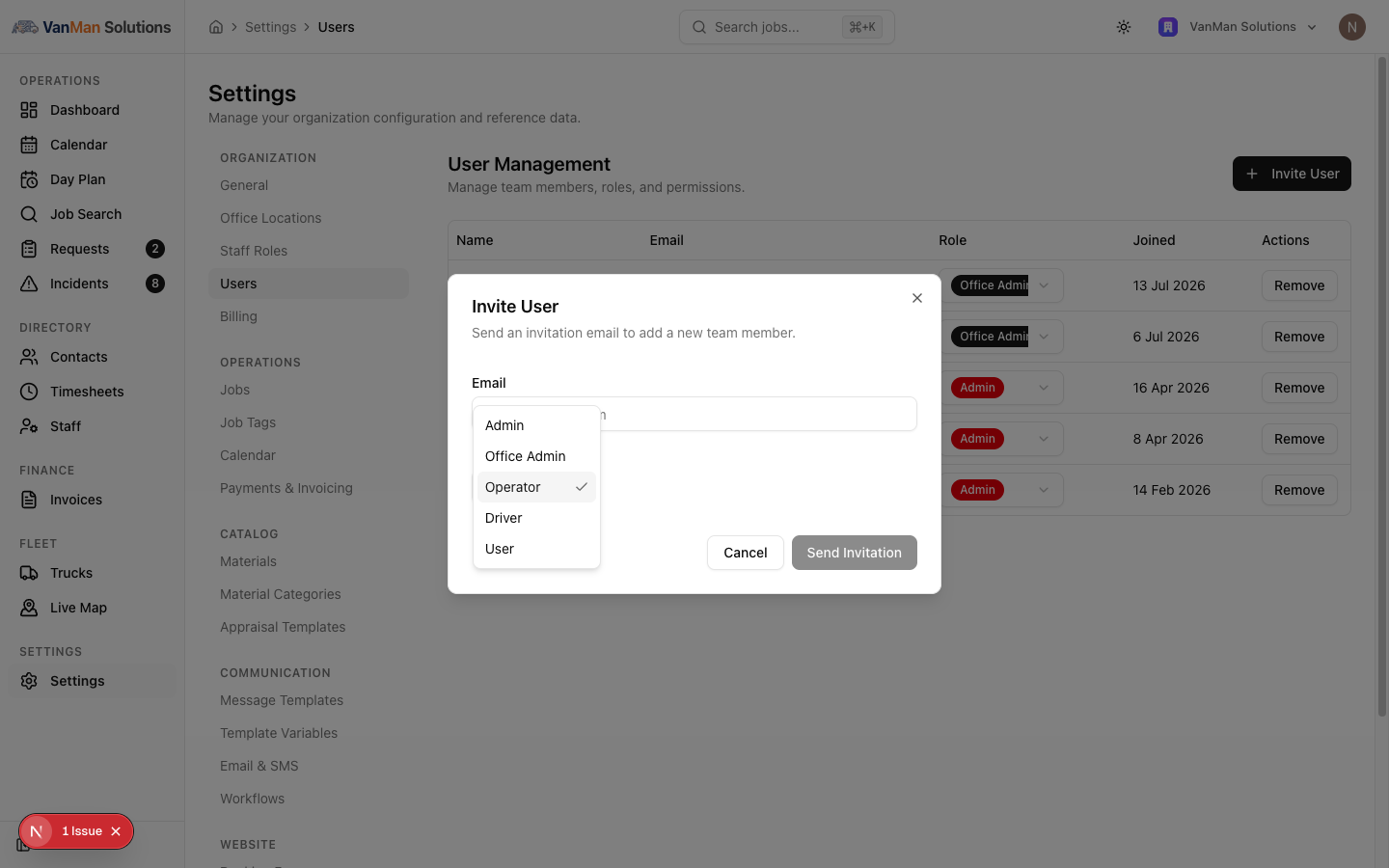 The Invite User dialog open over the User Management page, with the Role dropdown expanded showing Admin, Office Admin, Operator, Driver, and User.