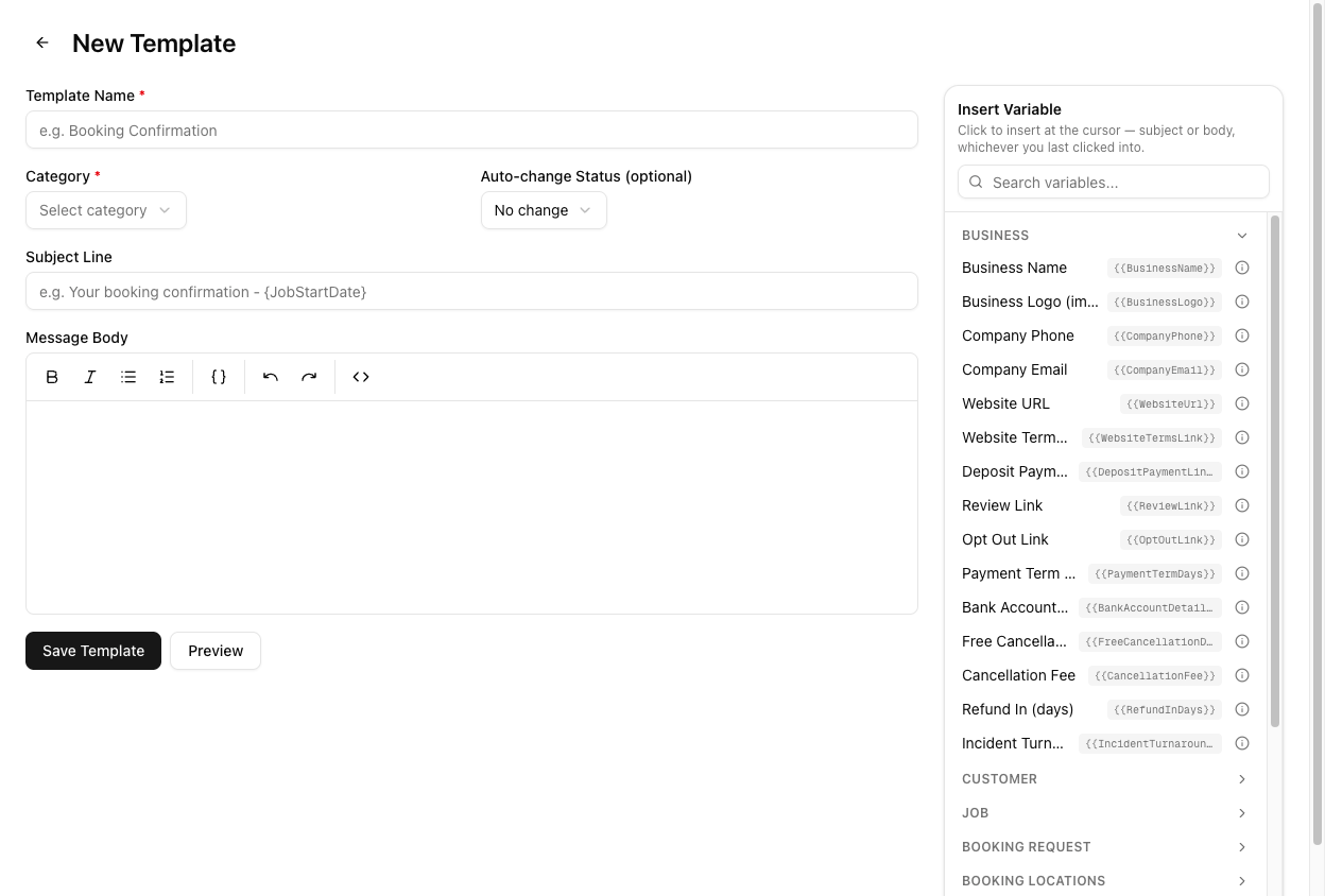 The template editor with the Insert Variable panel open on the right, showing the Business group expanded with variables like BusinessName, CompanyPhone, and Website URL, each shown in double-brace PascalCase.