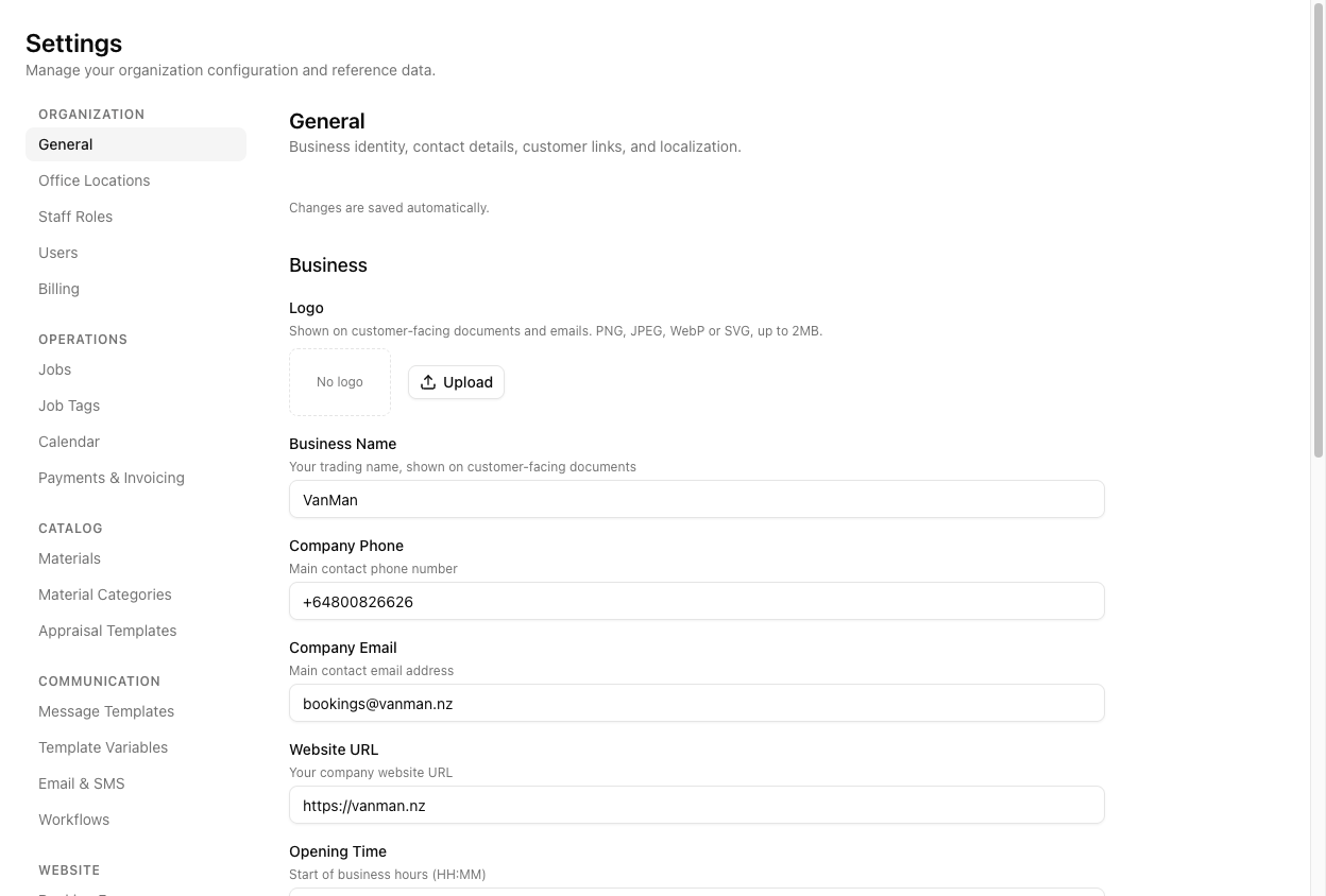 The General settings page showing the settings navigation on the left and the Business section with Logo, Business Name, Company Phone, Company Email, and Website URL fields.