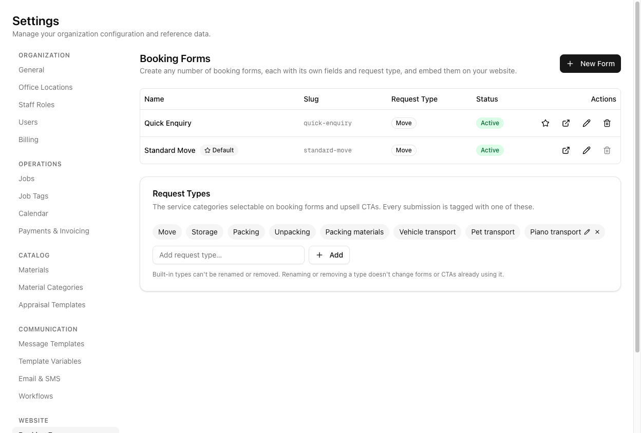 The Booking Forms settings page listing two forms, Quick Enquiry and Standard Move, with slug, request type, and Active status, above a Request Types section.