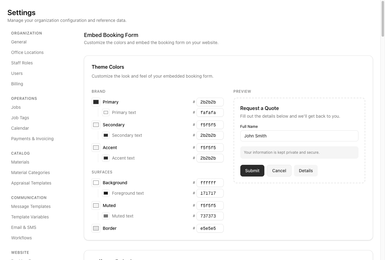 The Embed Booking Form page showing Theme Colors with brand and surface colour pickers on the left and a live preview of the booking form on the right.