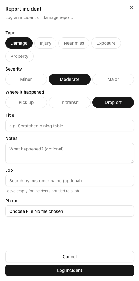 The Report incident form with Type (Damage, Injury, Near miss, Exposure, Property), Severity (Minor, Moderate, Major), Where it happened (Pick up, In transit, Drop off), Title, Notes, Job, and Photo, with a Log incident button.