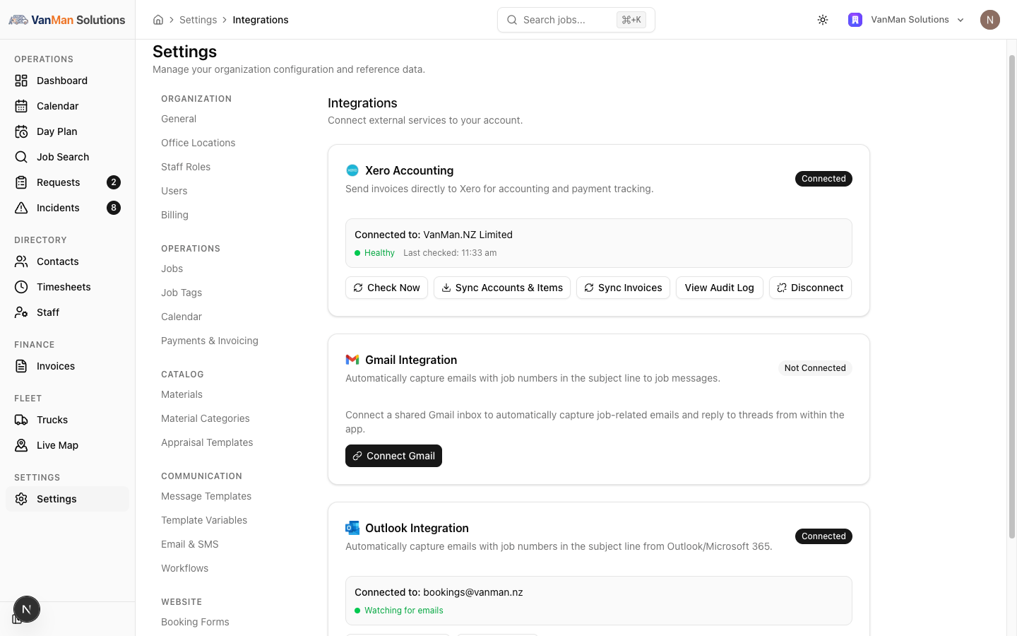 The Integrations settings page showing Xero, Gmail (Not Connected, with a Connect Gmail button), and Outlook (Connected) cards.