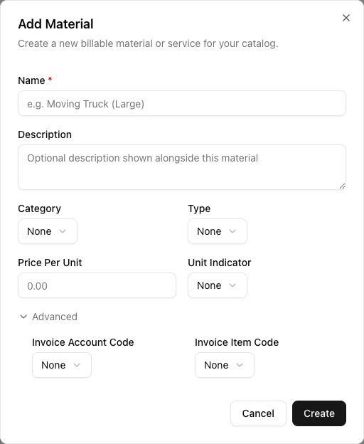 The Add Material dialog with the Advanced section expanded, showing Invoice Account Code and Invoice Item Code fields.