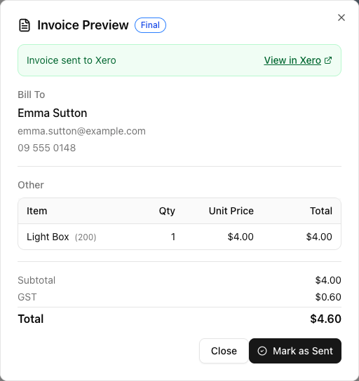 The Invoice Preview dialog showing a Final status badge, an Invoice sent to Xero banner with a View in Xero link, a Bill To section, a line-item table with Item, Qty, Unit Price and Total columns, and Subtotal, GST and Total.