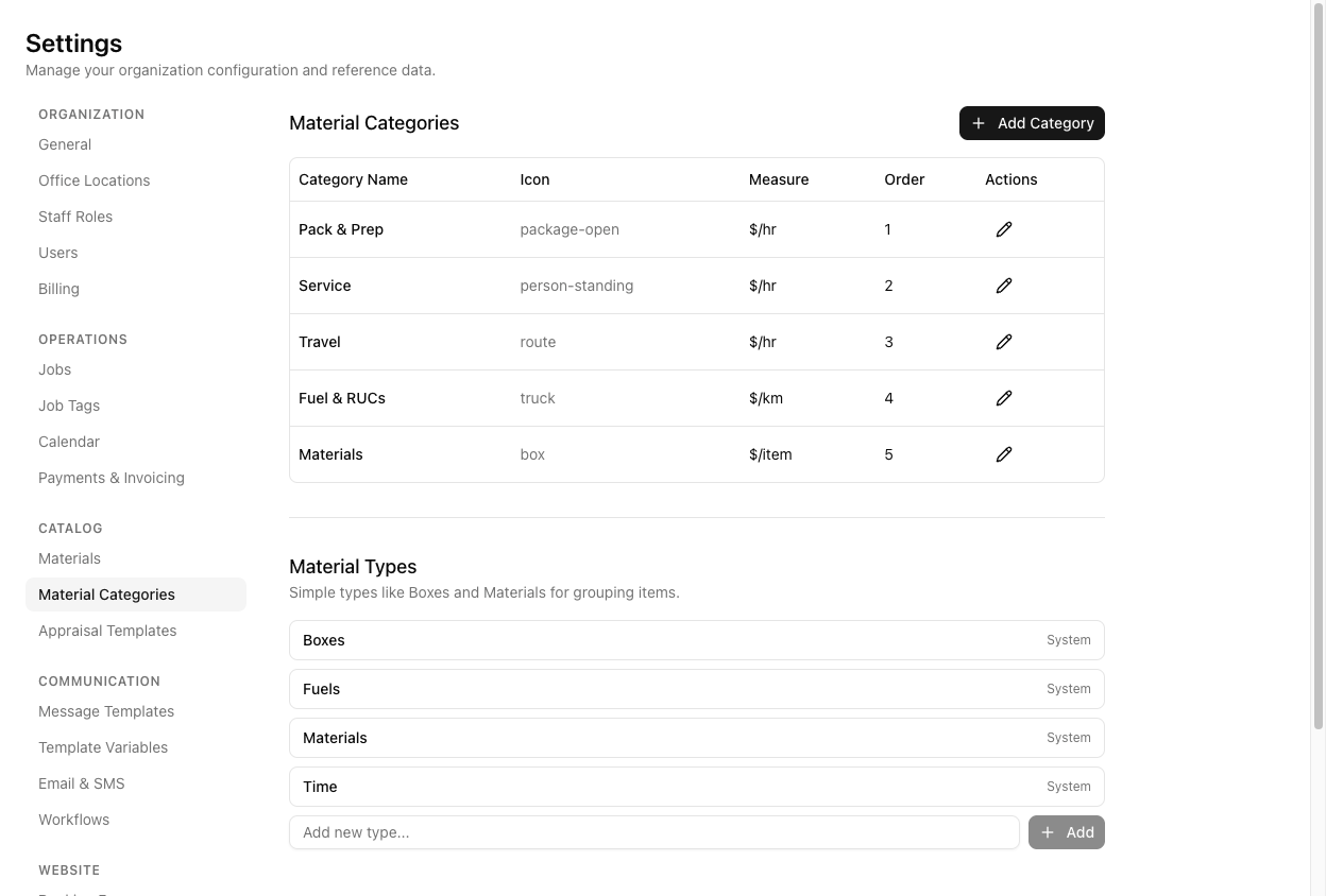 The Material Categories settings page listing categories Pack & Prep, Service, Travel, Fuel & RUCs, Materials with Icon, Measure, and Order columns, plus a Material Types section.