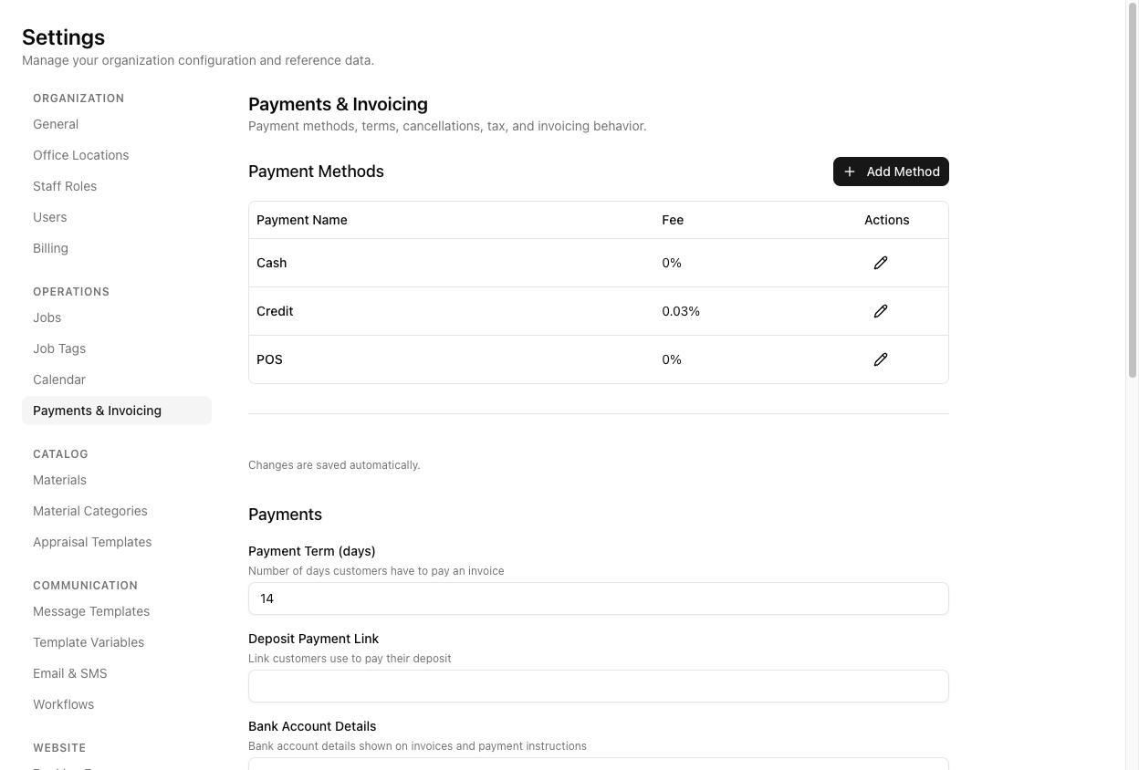 The Payments and Invoicing settings page showing Payment Methods, Payment Term, Deposit Payment Link, Bank Account Details, and (further down) Tax Settings and Invoicing behaviour.
