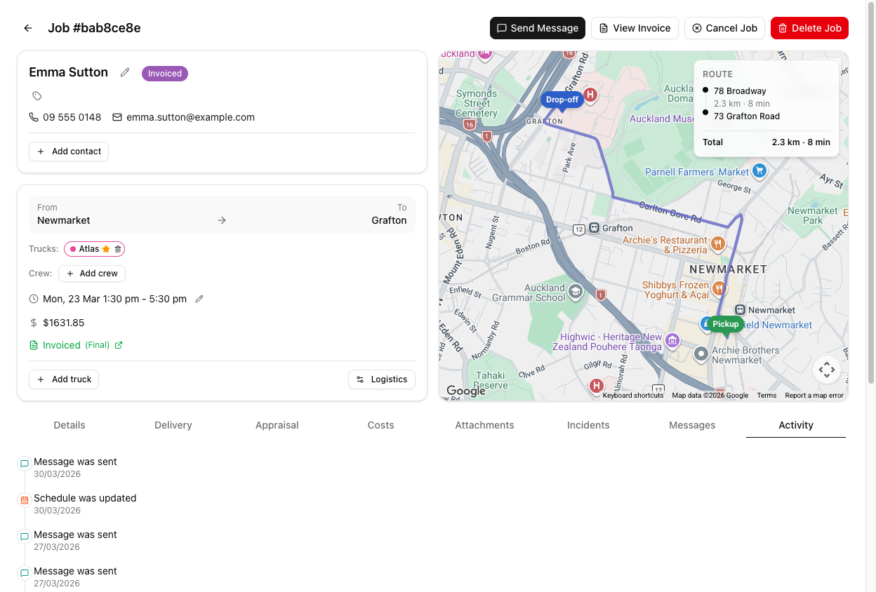 A job's Activity tab listing entries such as Message was sent, Schedule was updated, Status was changed, Invoice was created, Truck assignment was changed, and Job was created, each with a date.