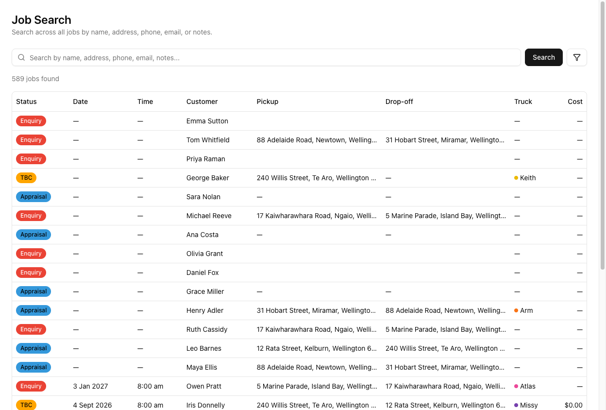 The Job Search page with a search box, a Search button, a filter icon, a count reading 589 jobs found, and a results table with Status, Date, Time, Customer, Pickup, Drop-off, Truck, and Cost columns.