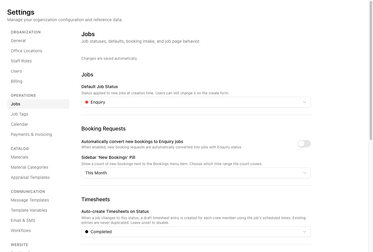 The Settings Jobs page showing the Auto-create Timesheets on Status setting and other job configuration options.