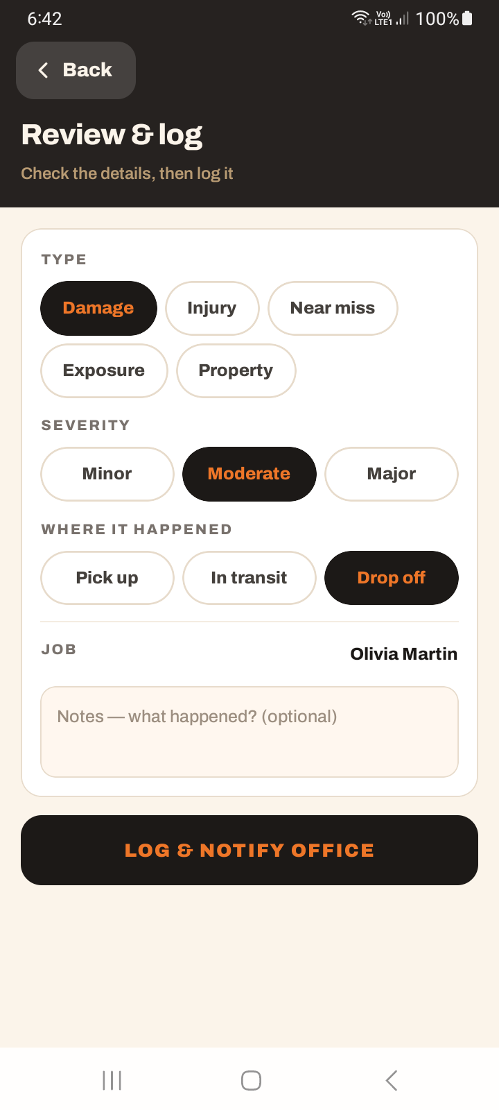 The review and log step of the damage flow with editable type, severity and location before notifying the office