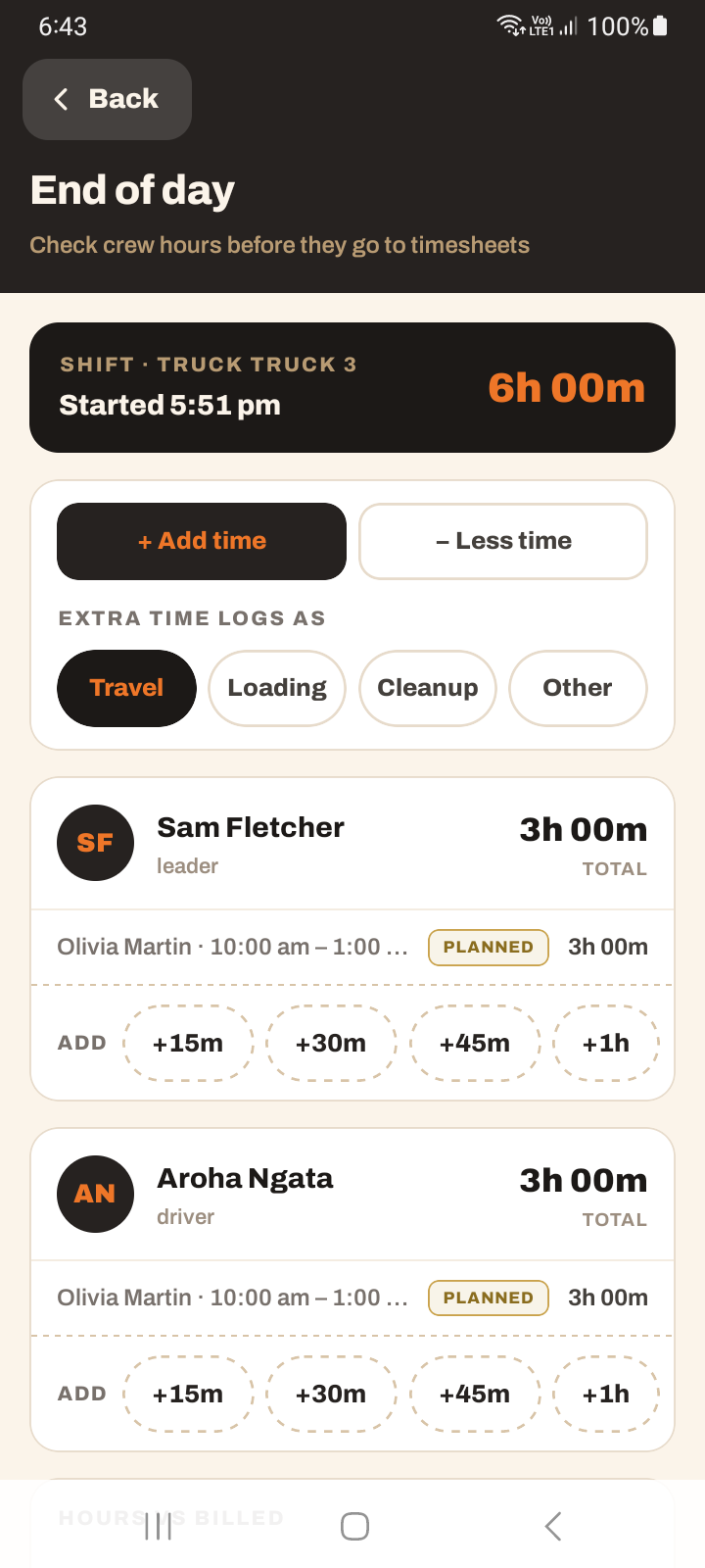 The End of Day screen listing each crew member's hours with Add time and Less time reasons and quick minute chips