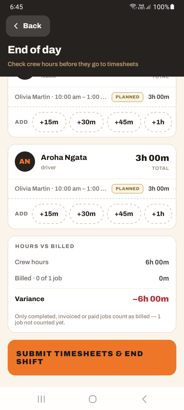 The Hours vs billed variance card on the End of Day screen, above the Submit timesheets and end shift button