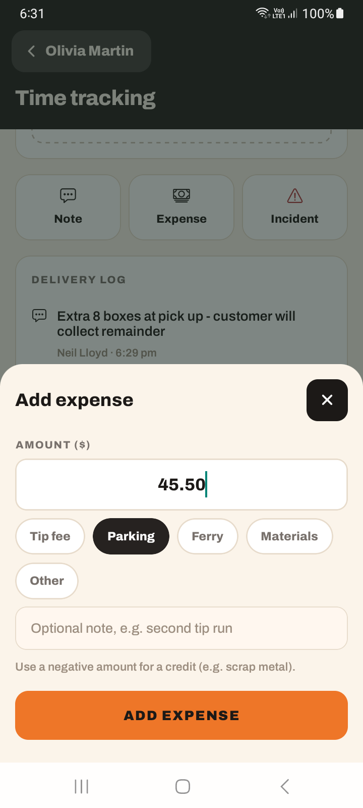 The add expense form with an amount field, category chips and an optional note field