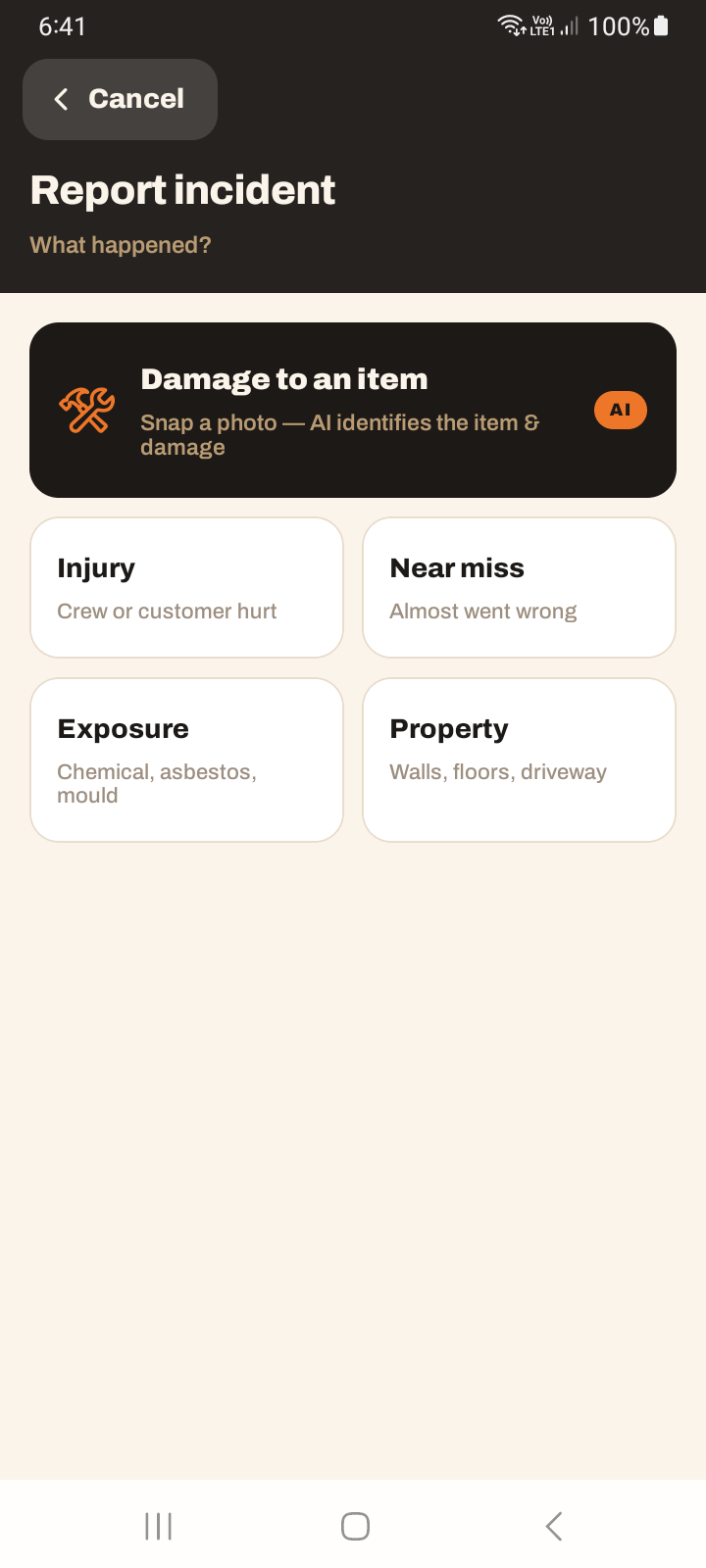 The incident type picker listing Damage, Injury, Near miss, Exposure and Property, with Damage AI-badged