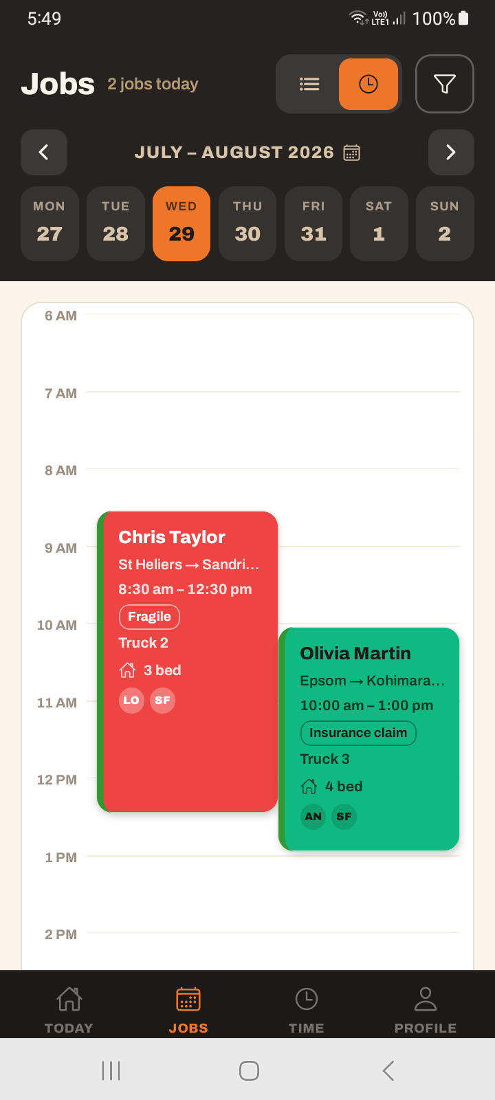 The Jobs tab in Calendar view with the day's jobs laid out as blocks on a timeline