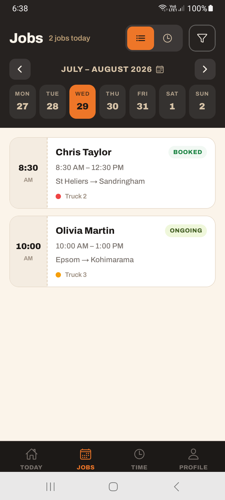 The Jobs tab in List view showing time-ordered job cards with status pills and truck colour dots