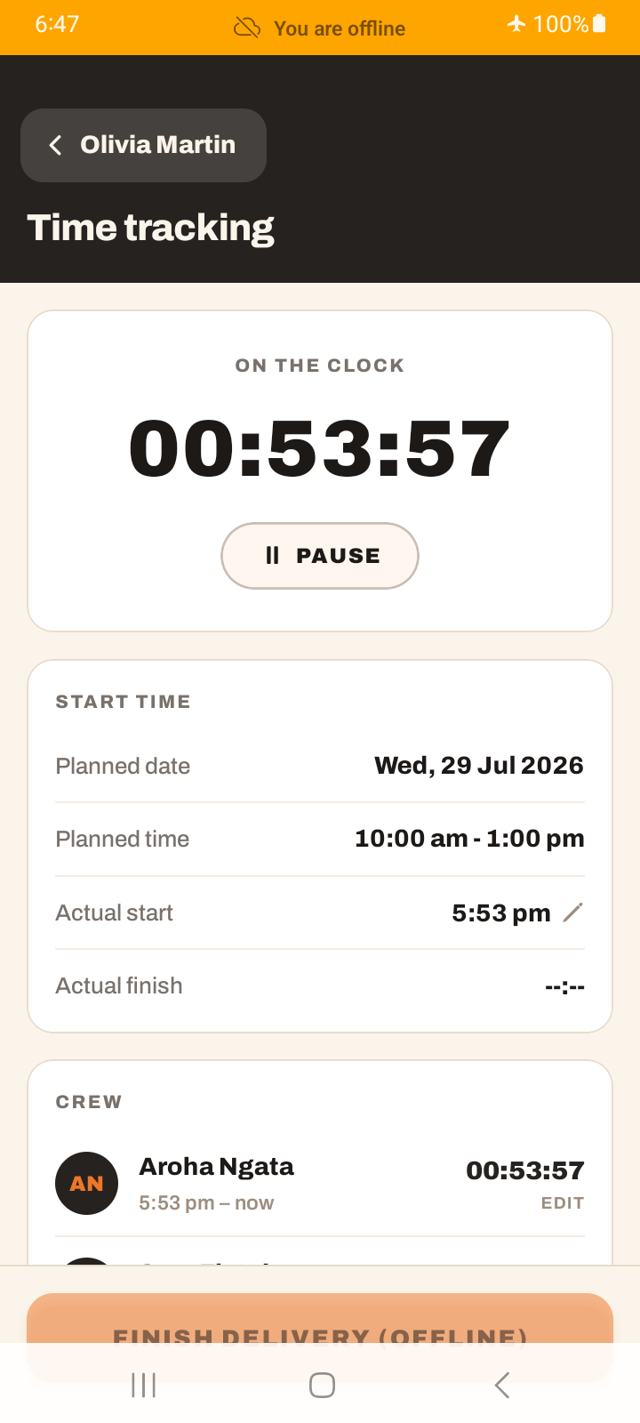 A job screen offline with the Finish button labelled offline and greyed out as disabled