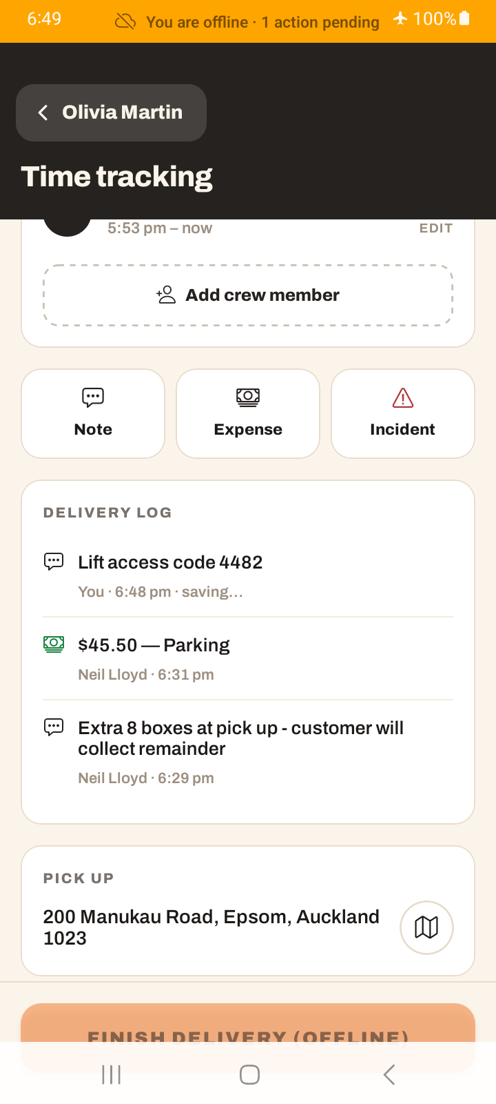 The offline banner at the top of the app showing the number of queued actions pending sync