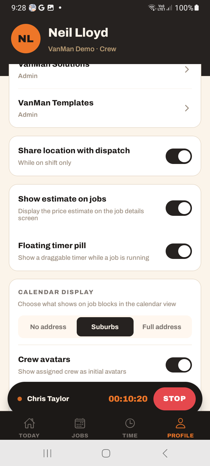 The Profile tab settings with the Share location with dispatch toggle at the top, above the Show estimate and Floating timer pill toggles