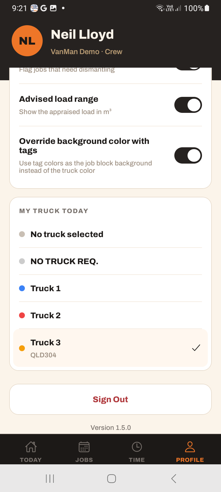 The Profile tab showing truck selection, with the current truck highlighted