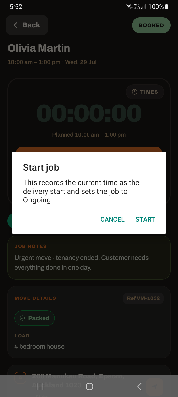 The start job confirmation dialog on the job detail screen, about to record the delivery start time