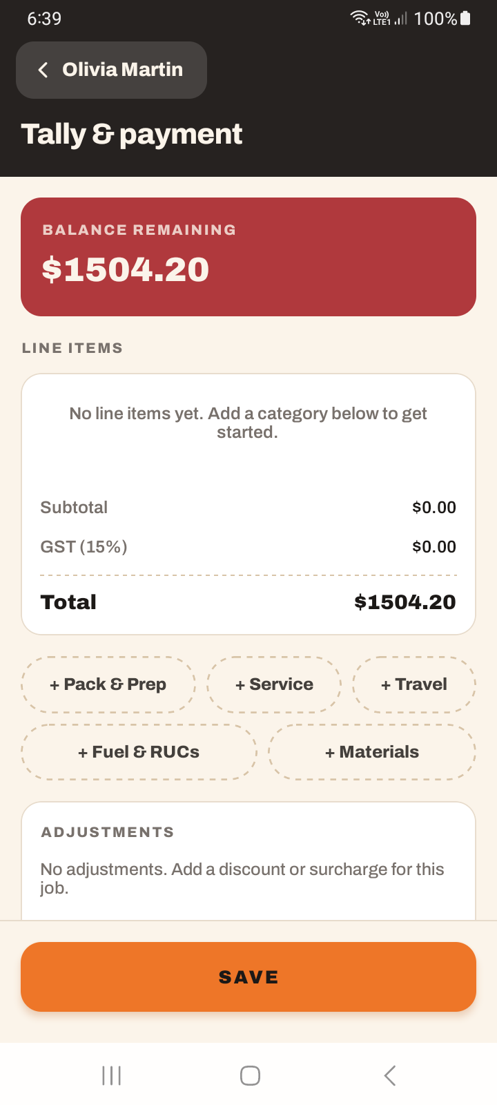 The Tally and payment screen showing the job's line items, GST and the balance remaining