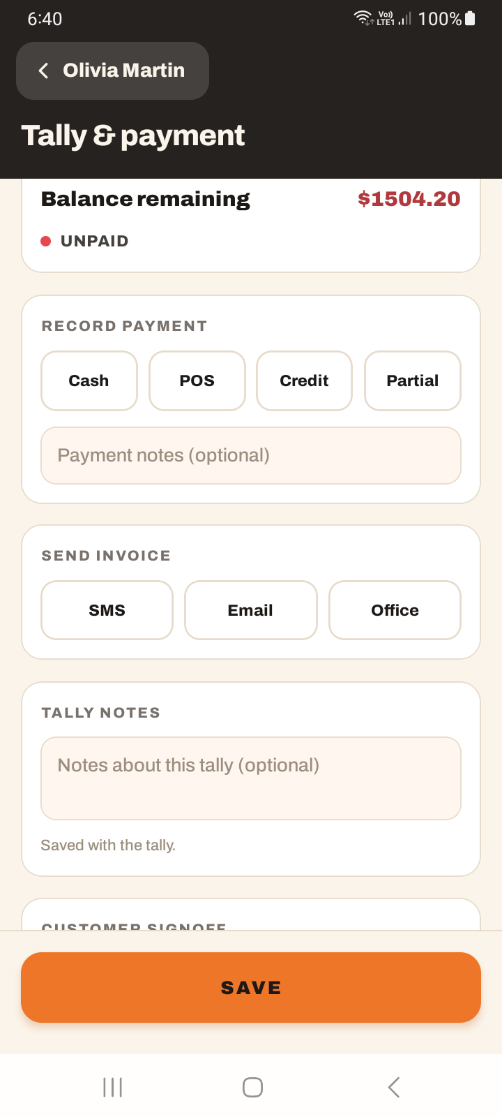 The Record payment section of the Tally screen with Cash, POS, Credit and Partial method options