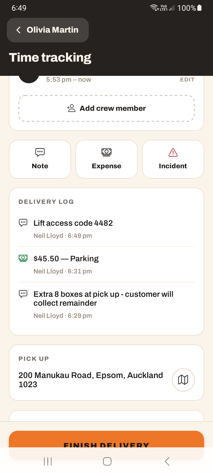 The Time tracking screen's Note, Expense and Incident quick actions with the Delivery log feed below
