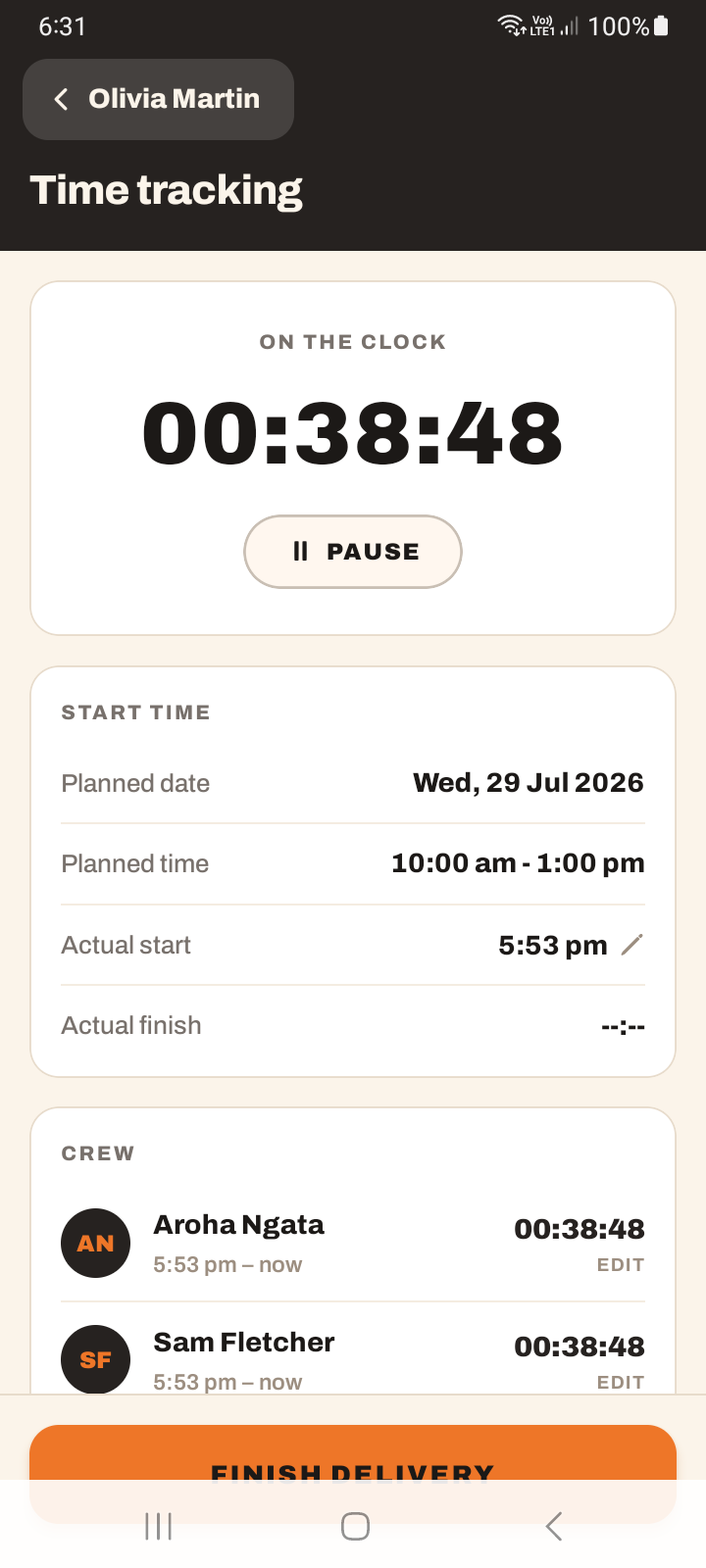 The Time tracking screen with a running delivery timer and per-crew times listed below