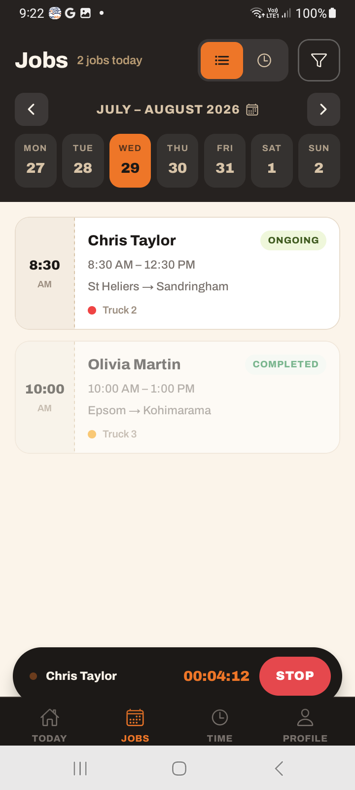 The Jobs tab with the floating timer pill at the bottom showing the running job's name, elapsed time and a Stop button