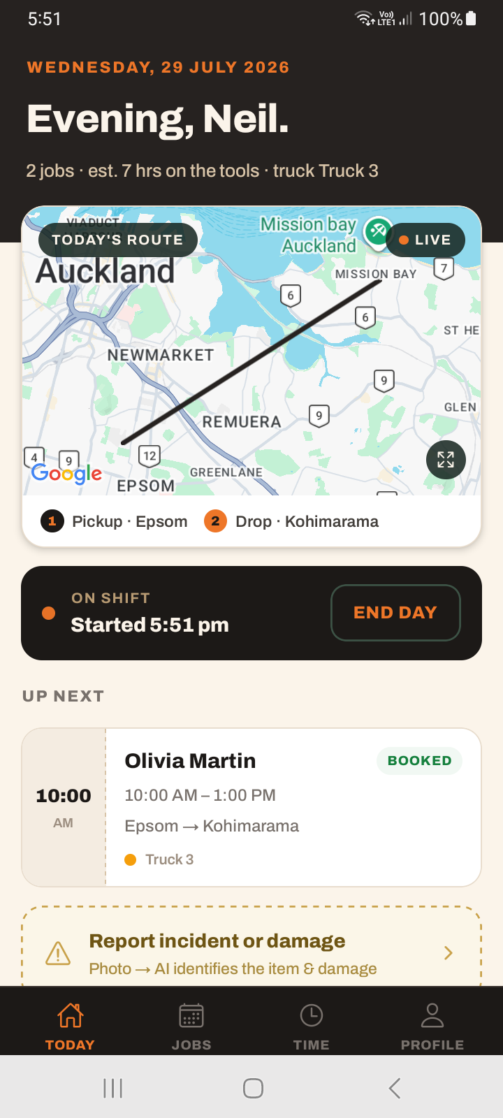 The Today tab while on shift, showing the Started time and an End day button in place of Start Day