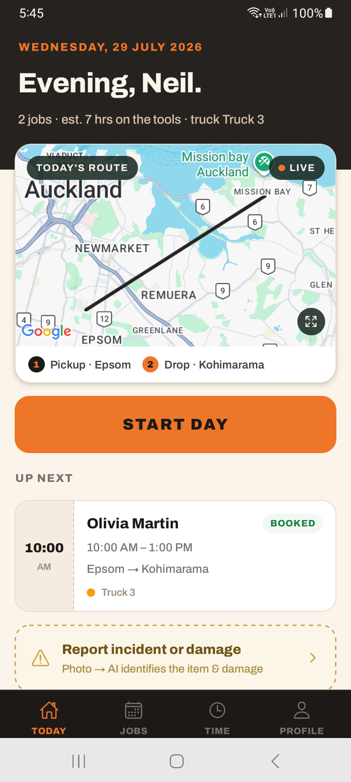 A driver's Today tab in the crew app showing the day summary, route map and the next job up