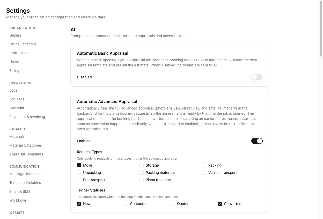 The AI settings page showing Automatic Basic Appraisal (a single toggle) and Automatic Advanced Appraisal (a toggle with Request Types and Trigger Statuses checkboxes).