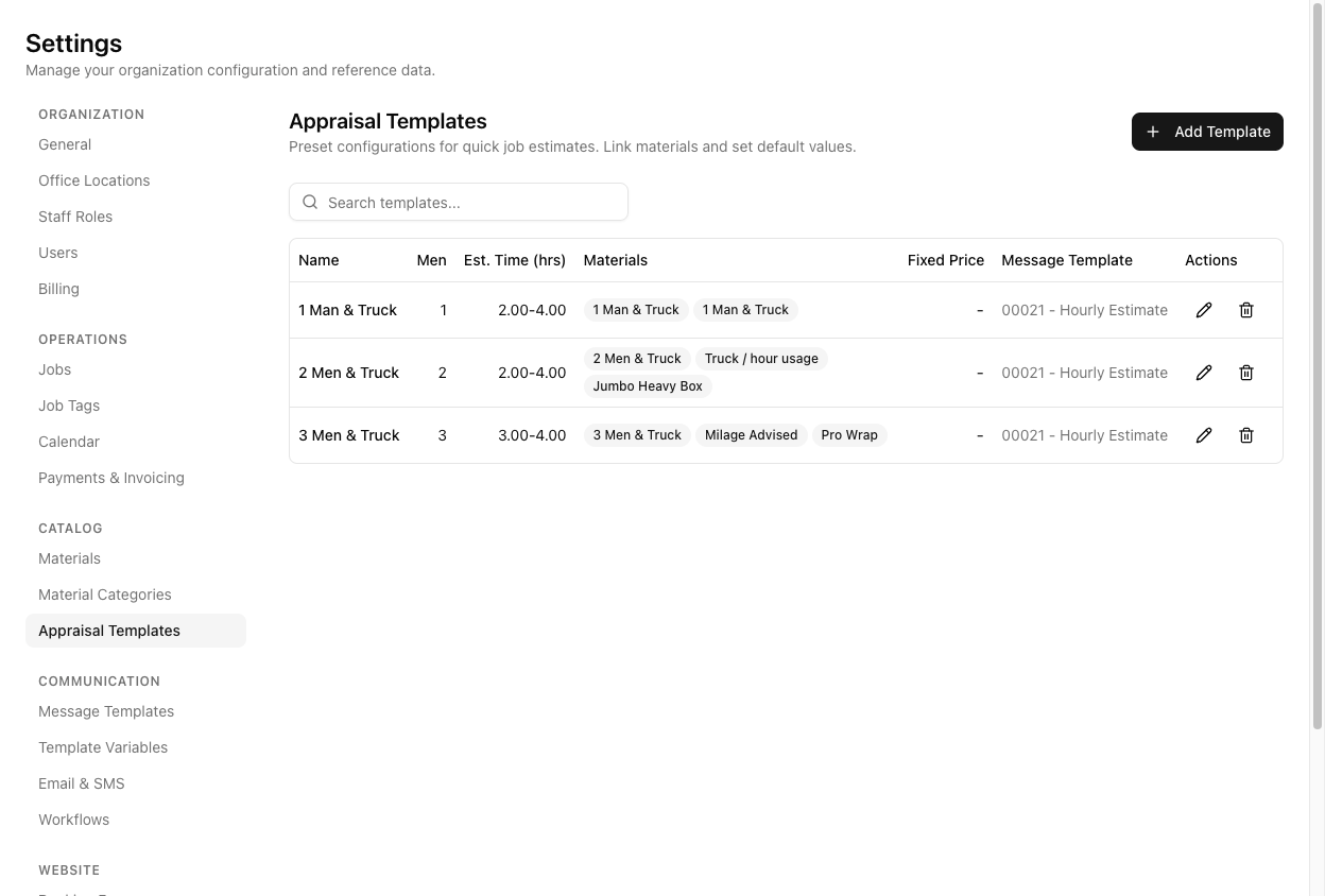 The Appraisal Templates settings page listing templates with Name, Men, Est. Time (hrs), Materials, Fixed Price, and Message Template columns, and an Add Template button.