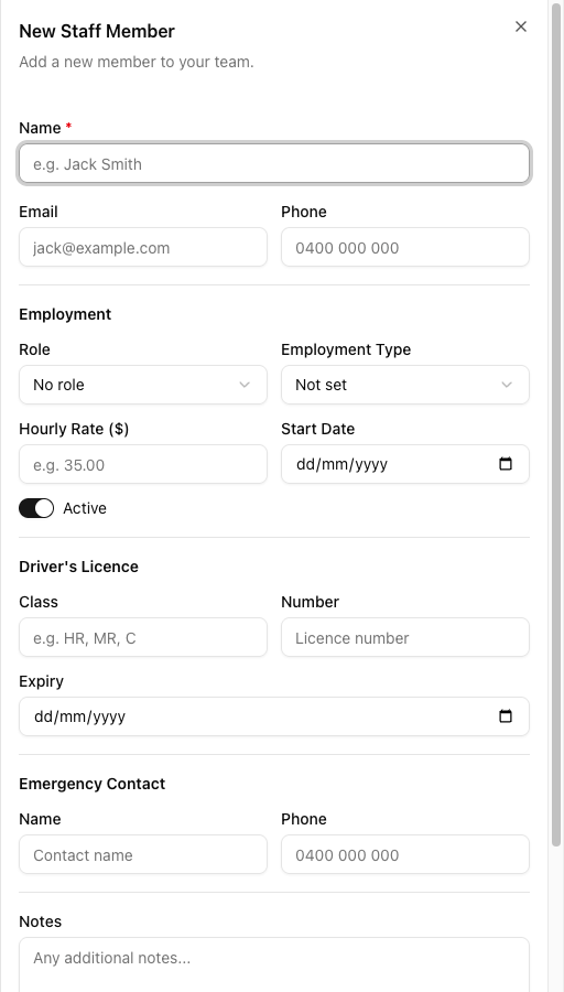 The New Staff Member form showing Name, Email, Phone, Role, Employment Type, Hourly Rate, Start Date, Active toggle, Driver's Licence (Class, Number, Expiry), Emergency Contact, and Notes.