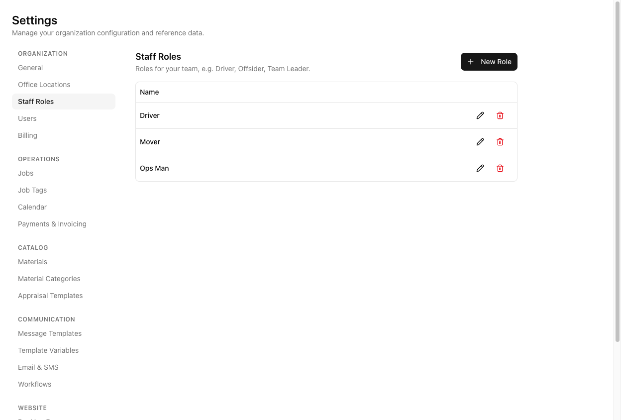 The Staff Roles settings page titled Staff Roles with the subtitle 'Roles for your team, e.g. Driver, Offsider, Team Leader' and a New Role button, listing roles like Driver, Mover, and Ops Man.