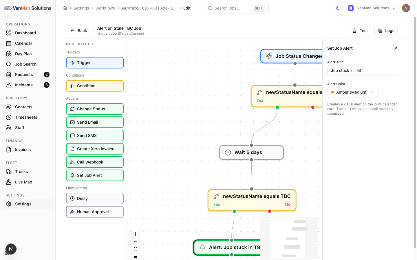 The workflow editor with the Set Job Alert node selected, showing its configuration panel with an Alert Title field and an Alert Color dropdown set to Amber (Medium).