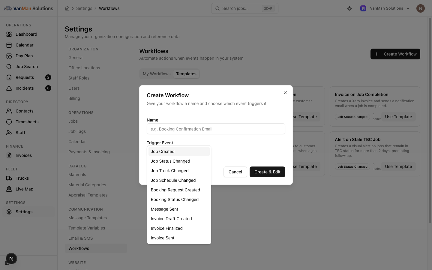 The Create Workflow dialog with the Trigger Event dropdown open, listing all ten triggers from Job Created through to Invoice Sent.
